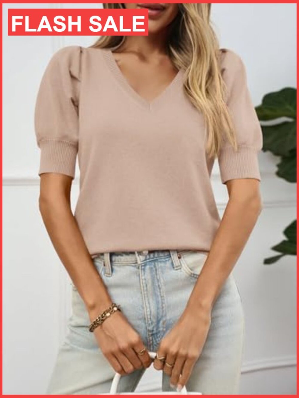 V-Neck Puff Short Sleeve Knit Pullover Sweater Blouse Casual Top - Picture 3 of 6